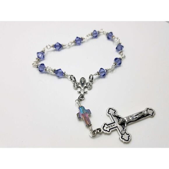 Handmade Purple Swarovski One Decade Rosary Fleur-de-Lis Center Unbreakable - Picture 6 of 10
